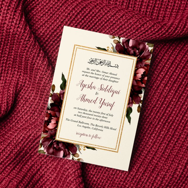 Invitación Boda musulmana con flores de marfil y borgoña (Subido por el creador)