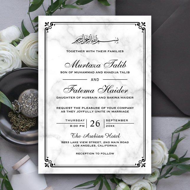 Invitación Boda Musulmana con Mármol Blanco y Borde Negro (Subido por el creador)