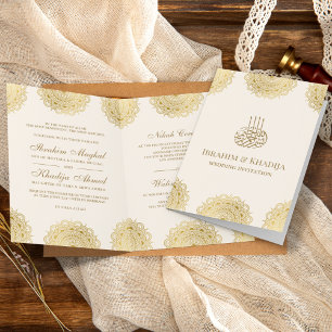 Invitación Boda musulmana con motivo asiático en crema y dora
