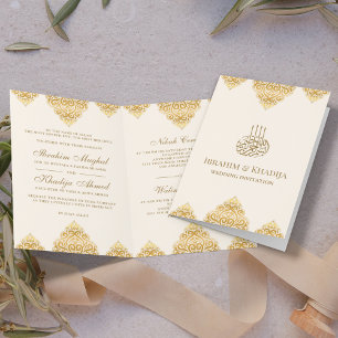 Invitación Boda musulmana con motivo islámico en oro crema