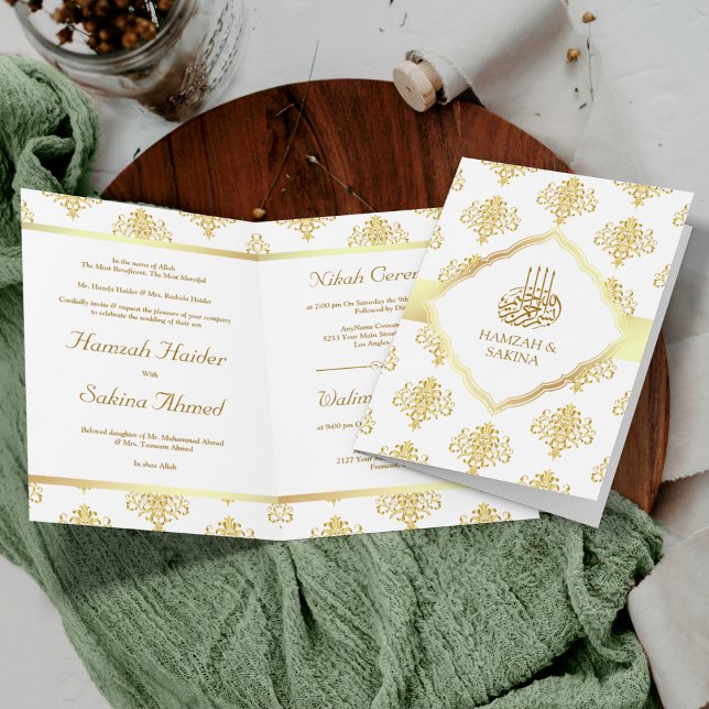 Invitación Boda musulmana con patrón de damasco blanco y dora (Subido por el creador)