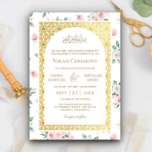 Invitación Boda Musulmana con Patrón Dorado Floral Rosa Tímid