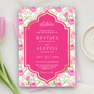 Invitación Boda Musulmana con Patrón Floral Rosa Dorado Fucsi
