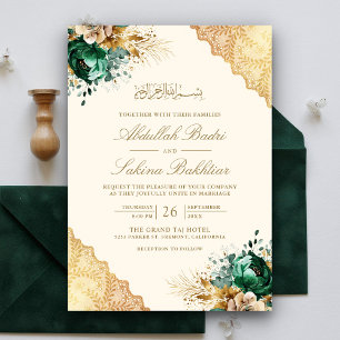 Invitación Boda Musulmana Crema de Encaje Dorado Floral Esmer