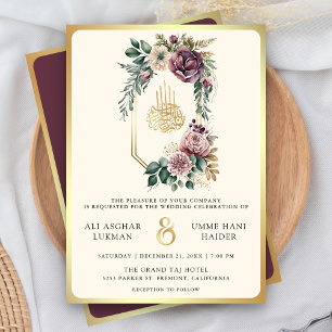 Invitación Boda Musulmana Cresta Floral Dorada Púrpura Polvor