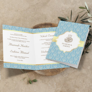 Invitación Boda Musulmana Damasco Azul Claro con Hoja de Oro 
