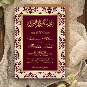 Invitación Boda Musulmana Damasco Borgoña con Hoja de Oro Fal