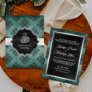 Invitación Boda Musulmana Damasco Negro Verde Acuático Platea