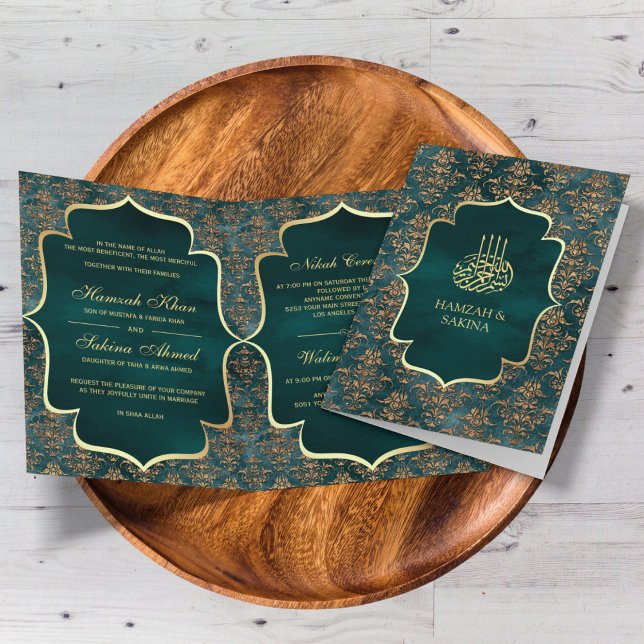 Invitación Boda Musulmana Damasco Teal Dorado Rústico (Subido por el creador)