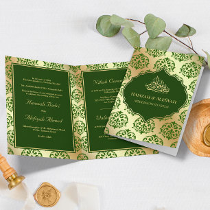 Invitación Boda Musulmana Damasco Verde Oscuro con Hoja de Or