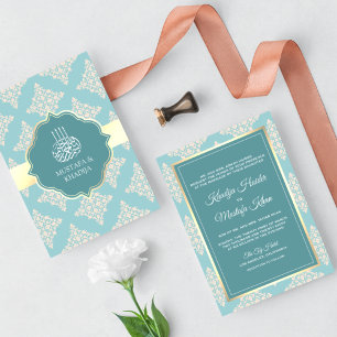 Invitación Boda Musulmana Damask Crema Azul Turquesa Pastel R