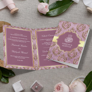 Invitación Boda Musulmana Damask Lavanda Dorada Rústica Vinta