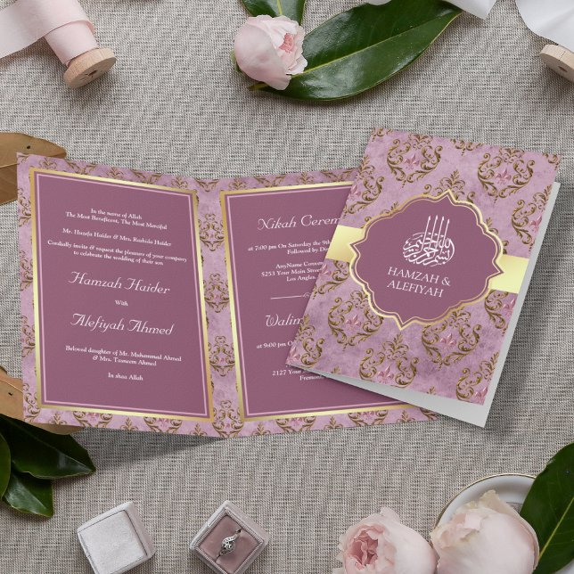Invitación Boda Musulmana Damask Lavanda Dorada Rústica Vinta (Subido por el creador)
