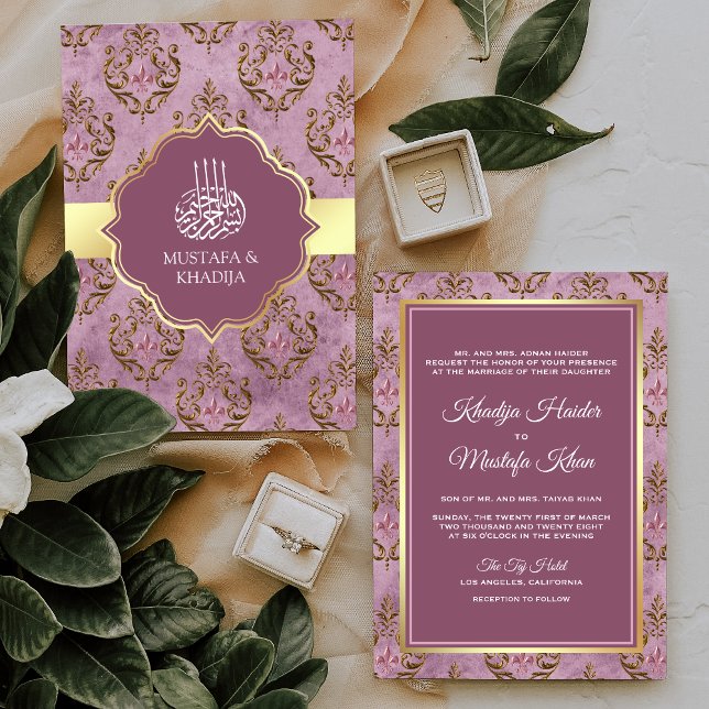 Invitación Boda Musulmana Damask Lavanda Dorada Rústica Vinta (Subido por el creador)