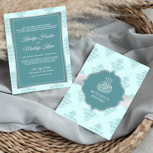 Invitación Boda Musulmana Damask Pastel Plateado Rústico (Subido por el creador)