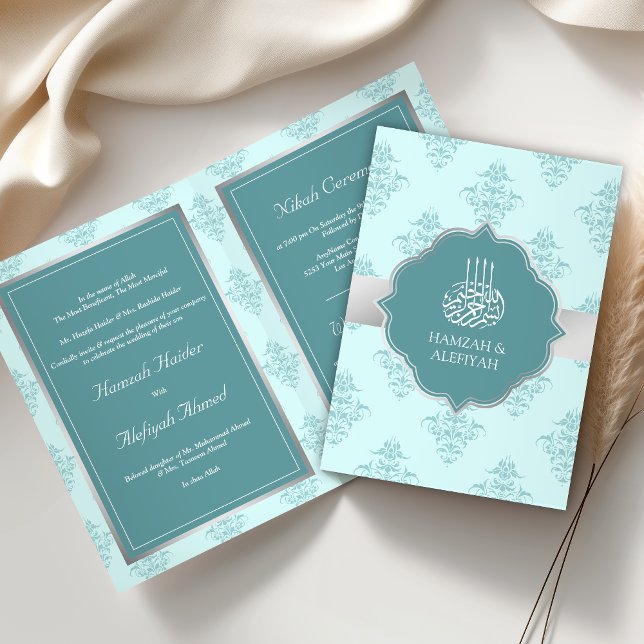Invitación Boda Musulmana Damask Pastel Plateado Rústico (Subido por el creador)