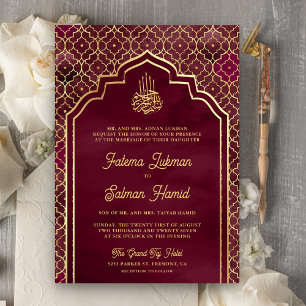 Invitación Boda Musulmana de Arco Marroquí Dorado Borgoña