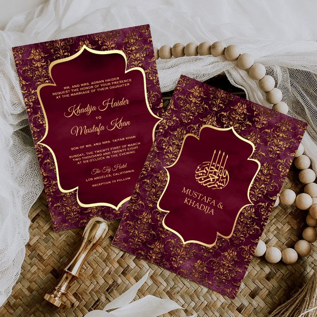 Invitación Boda musulmana de Burgundy Gold Damask (Subido por el creador)