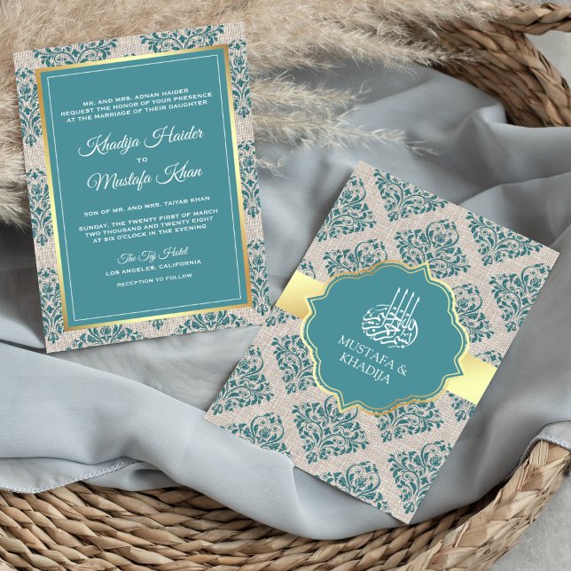 Invitación Boda musulmana de Burlap Verde azulado Damask (Subido por el creador)