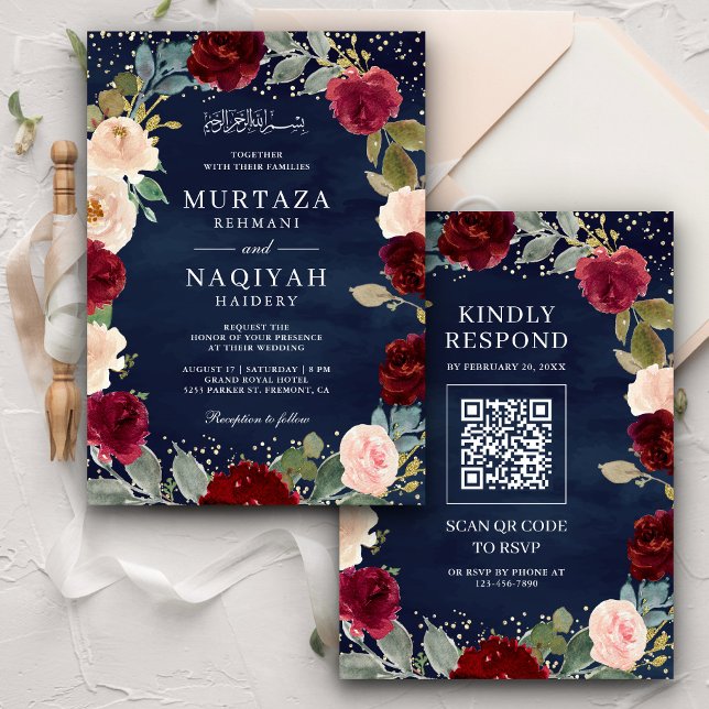 Invitación Boda musulmana de código QR floral borgoña (Subido por el creador)