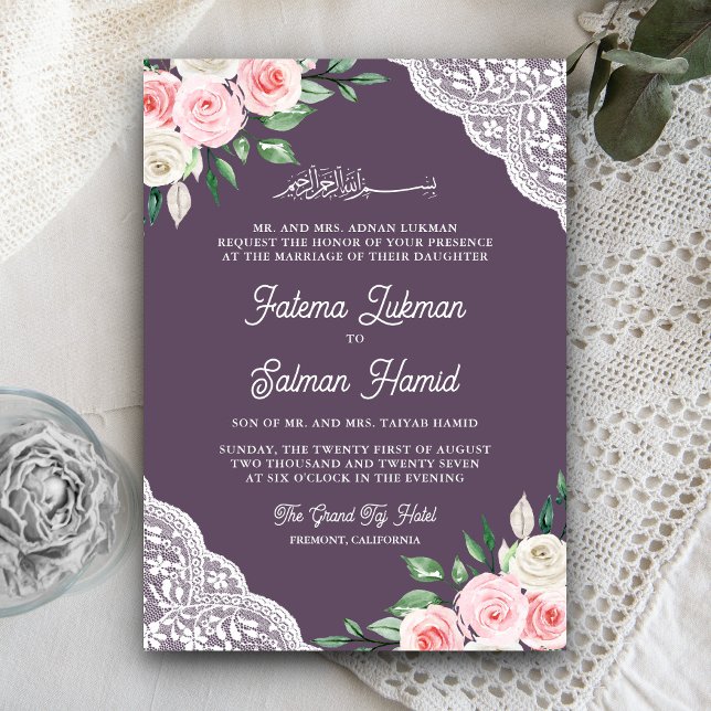 Invitación Boda Musulmana de código QR púrpura de encaje flor (Subido por el creador)
