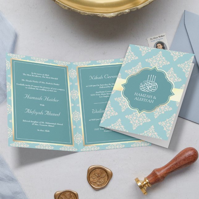 Invitación Boda musulmana de Cream Damask, un pastel Verde az (Subido por el creador)