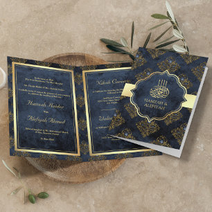Invitación Boda Musulmana de Damasco Azul Marino en Oro Rústi