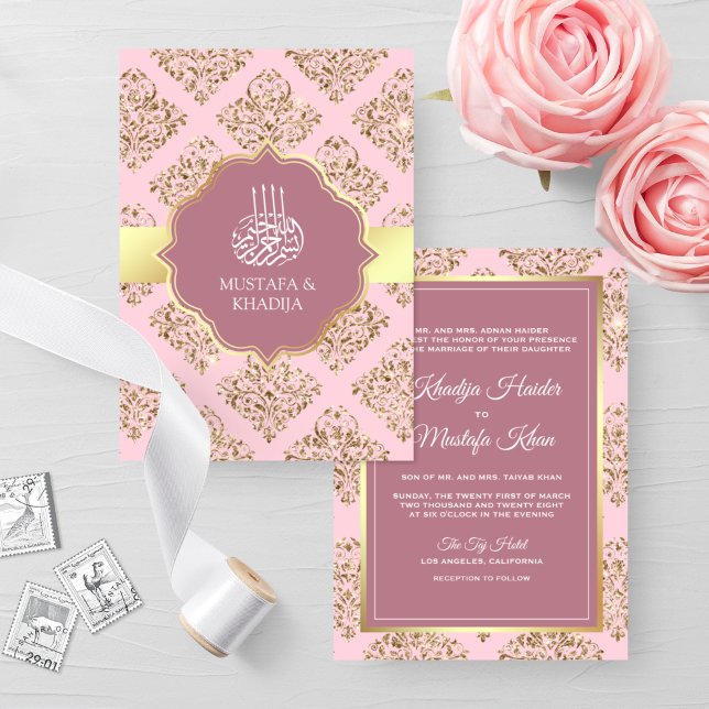 Invitación Boda musulmana de Damasco de Oro Rosado Mauve (Subido por el creador)