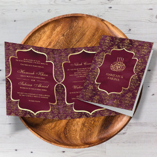 Invitación Boda Musulmana de Damasco Dorado Burgundy Rústico