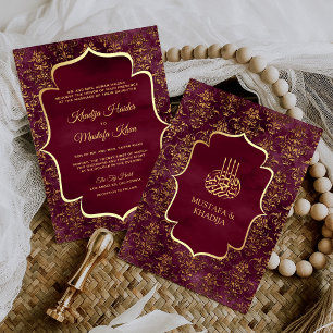 Invitación Boda Musulmana de Damasco Dorado Burgundy Rústico