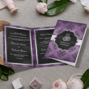 Invitación Boda Musulmana de Damasco Negro Plateado Rústico