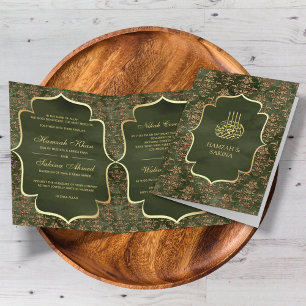 Invitación Boda Musulmana de Damasco Oliva Verde Dorado Rústi