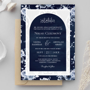 Invitación Boda musulmana de encaje blanco floral azul marino