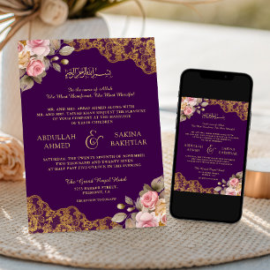 Invitación Boda Musulmana de Encaje Dorado Floral Rosa Púrpur