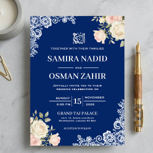 Invitación Boda musulmana de encaje floral azul real Nikkah