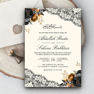 Invitación Boda Musulmana de Encaje Floral de Oro Negro en Cr