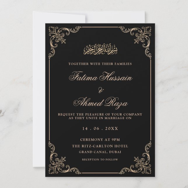 Invitación Boda musulmana de escritura romántica negra (Anverso)