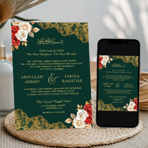 Invitación Boda Musulmana de Esmeralda Marfil Rojo Floral Gol