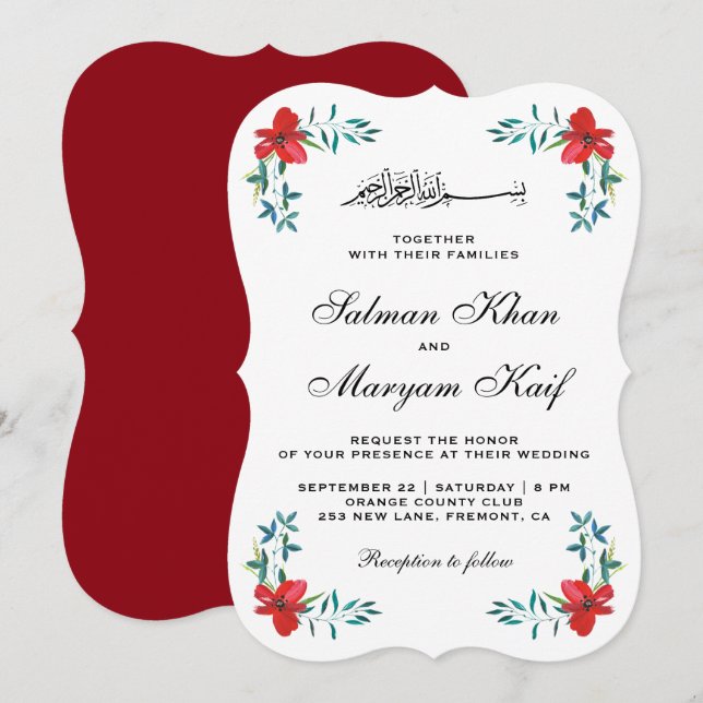 Invitación Boda musulmana de flores pintadas rojas románticas (Anverso / Reverso)