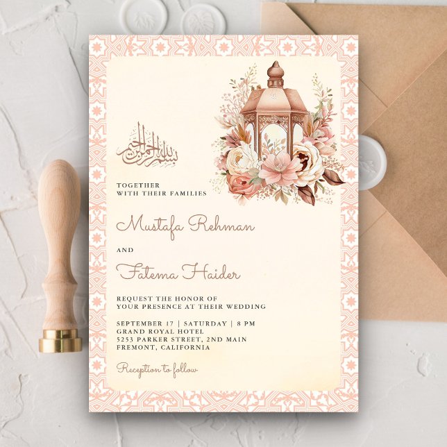 Invitación Boda musulmana de la farola floral de Boho Peach P (Subido por el creador)