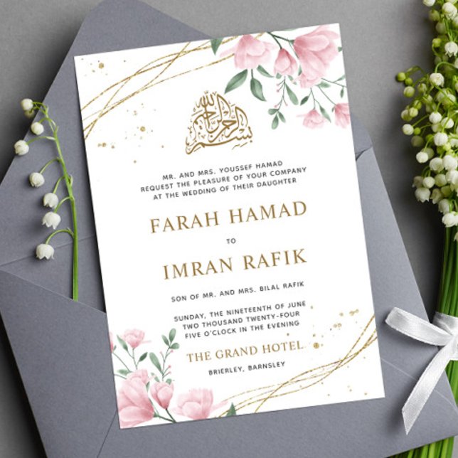 Invitación Boda musulmana de la frontera dorada rosada Rubor (Subido por el creador)