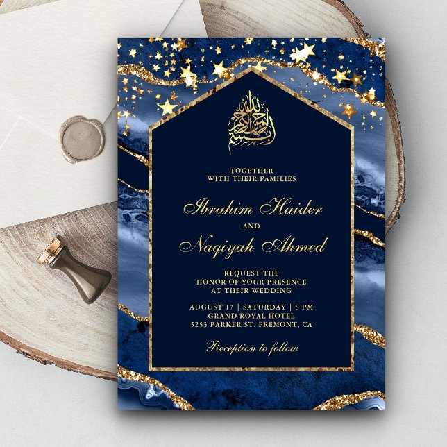 Invitación Boda musulmana de la Marina Blue Gold Agate Marble (Subido por el creador)