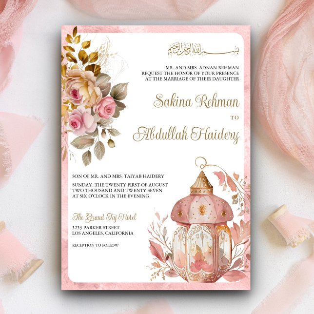 Invitación Boda musulmana de la vieja linterna rosa floral (Subido por el creador)