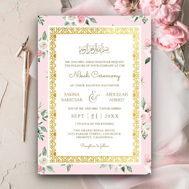 Invitación Boda musulmana de marco dorado floral rosa Rubor (Subido por el creador)