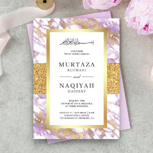 Invitación Boda Musulmana de Mármol Lavanda Pastel con Brillo