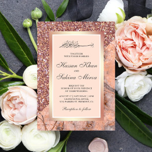Invitación Boda Musulmana de Mármol Rosa Coral con Brillo de 