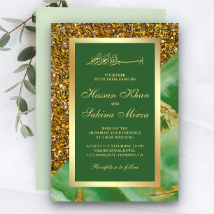 Invitación Boda Musulmana de Mármol Verde con Brillo de Oro F