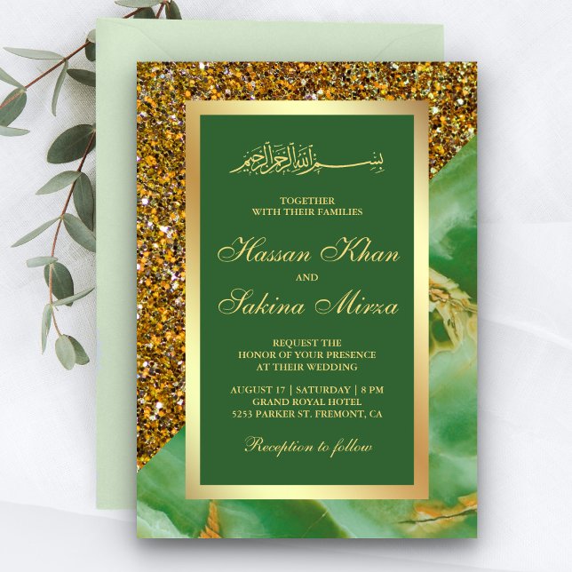 Invitación Boda Musulmana de Mármol Verde con Brillo de Oro F (Subido por el creador)