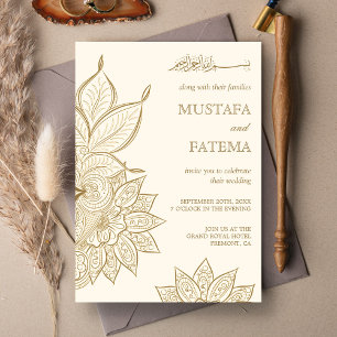 Invitación Boda musulmana de Mehndi Henna crema y dorado vint