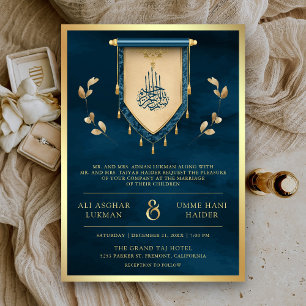 Invitación Boda Musulmana de Oro con Rollo Azul Oceánico Anti